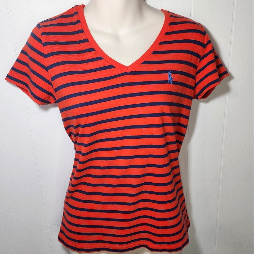 Ralph Lauren Orange and Blue Striped Tee, Polo Motif